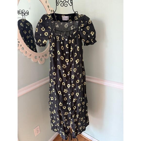 Sleeper Brigitte Linen Sunflower Black Yellow Floral Midi Dress XSPuff  Sleeve - coffeafoods.com